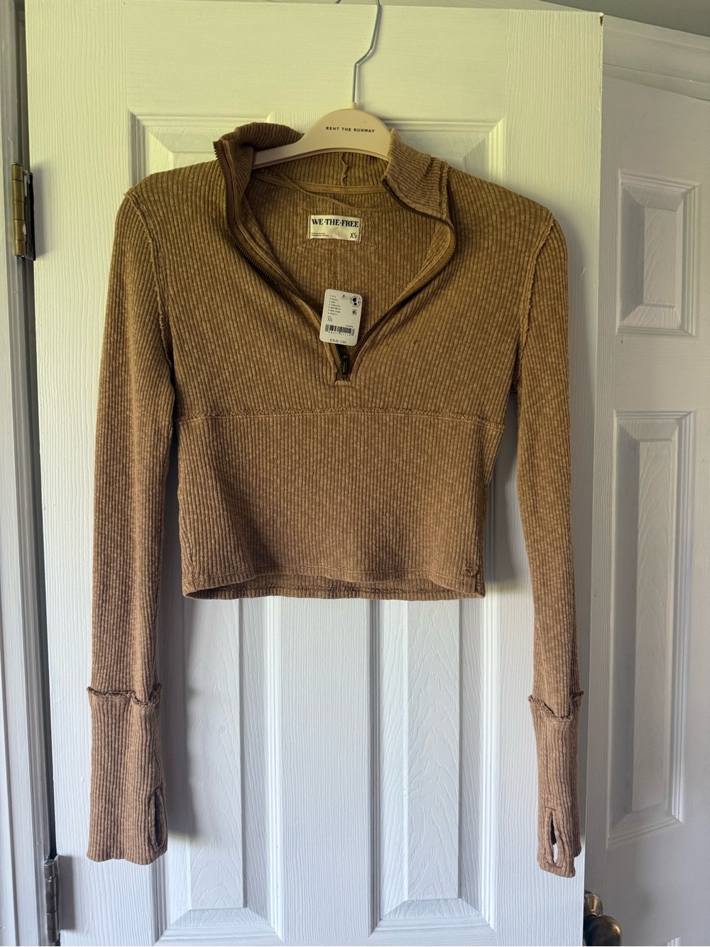 NWT We The Free Women's Ribbed Half-Zip Cropped Top - Brown XS